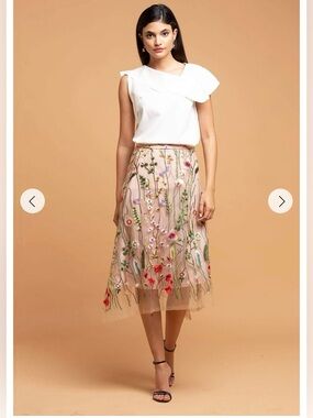 Eva Franco Embroidered Floral Mesh Overlay Skirt Blush Pink Size 6